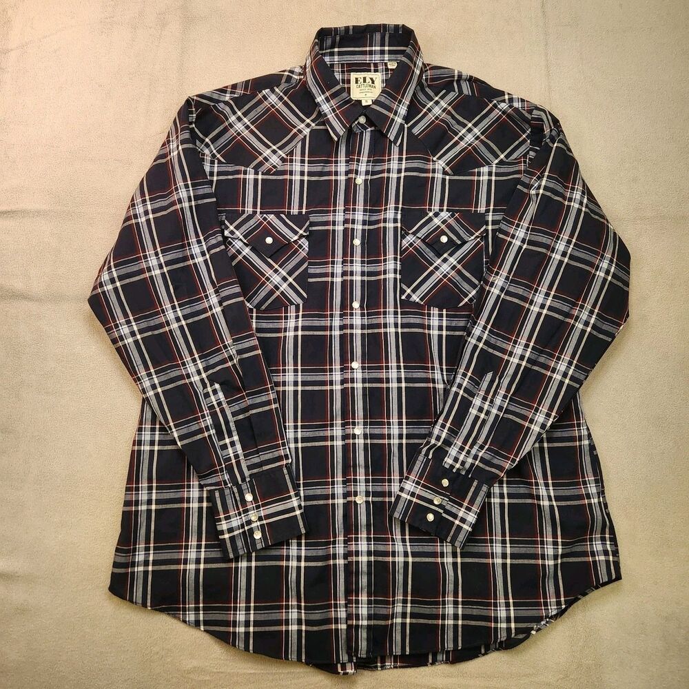 Ely Cattleman Pearl Snap‎ Shirt Men's XL Blue Plaid Long Sleeve Western Cowboy